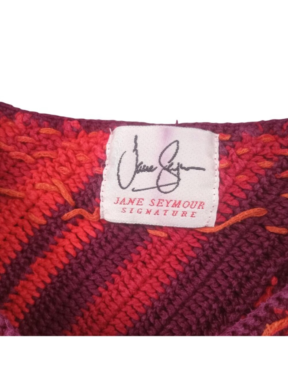 Vintage Jane Seymor Womens Poncho Size OS Fringe Patchwork Knit Red Purple V Nec - Picture 3 of 7